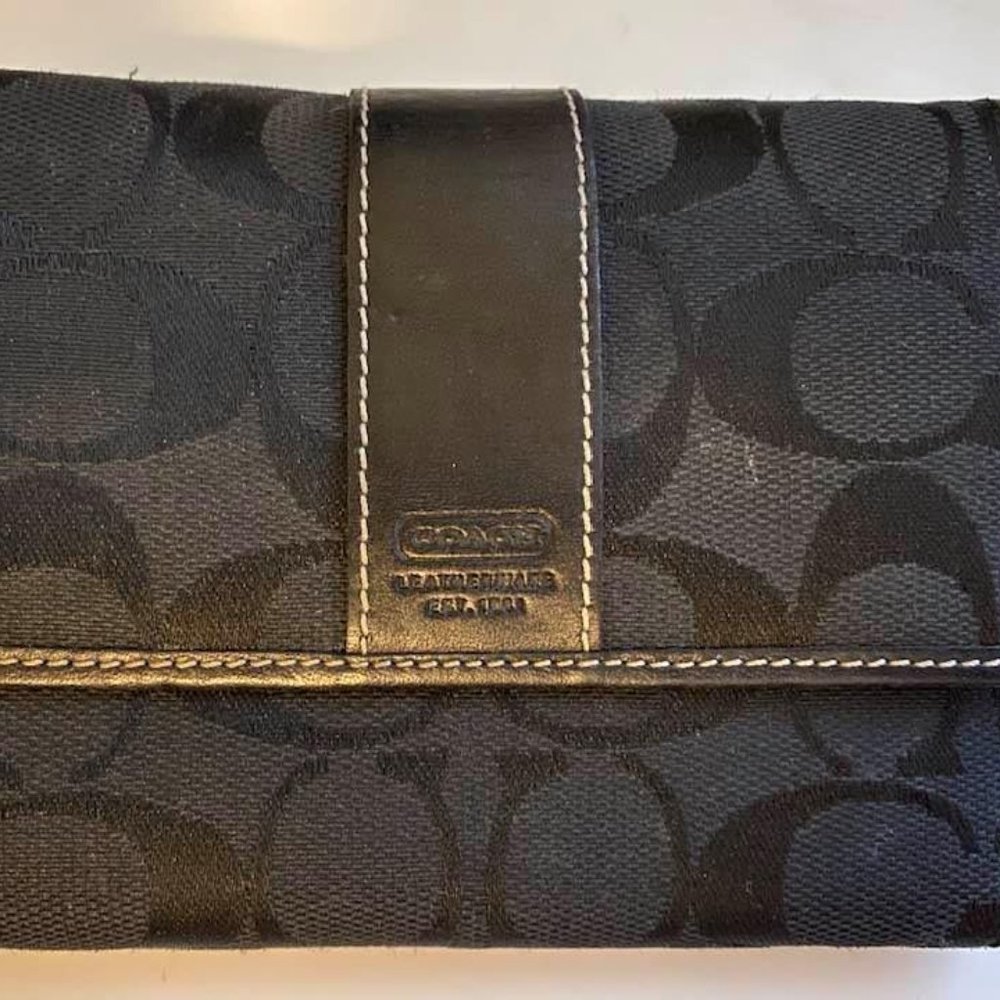Black Signature Coach Canvas Trifold Wallet